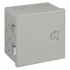 WIEGMANN A060604 is a NEMA 1 rated steel enclosure for indoor use, measuring 6 in x 6 in x 4 in. It features a painted finish, a solid hinged cover, and includes knockouts for cable entry. The enclosure secures with clamps and is suitable for housing electrical components such as terminals, relays, and controls in dry environments.