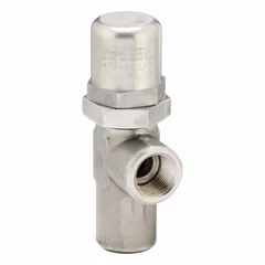 Soft-seat pressure control valve with stainless steel body and 3/4 in NPT connections. Maximum set pressure of 10 psi. Used for regulating system pressure in industrial fluid applications such as chemical processing or water treatment.