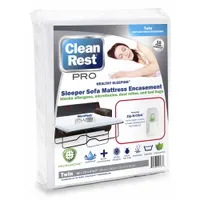 Waterproof mattress encasement for twin-size mattresses and box springs. Made of white polyester cover with polyester-blend pad. Overall dimensions 72 in length, 38 in width, compatible with bed height up to 7 in. Fabric weight 3.39 oz