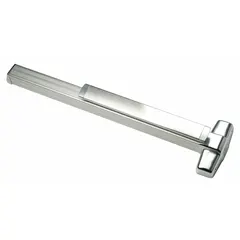 Surface-mounted push bar exit device with concealed vertical rods for secure latching. Chrome finish. Designed for doors up to 4 ft wide. Suitable for emergency egress in commercial and industrial facilities.