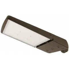 LED area light delivering 21,361 lumens at 150 watts with selectable color temperatures of 3000K, 4000K, or 5000K. Suitable for street and parking lot illumination, this fixture supports pole, slipfitter, knuckle, or surface mount installation. Bronze finish.