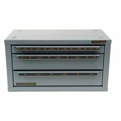 Reamer chest with 28 compartments for organizing and storing reamers. Designed for machining and toolroom environments to keep cutting tools sorted by size, reducing damage and downtime.