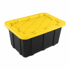 This plastic storage tote features a snap-on lid for secure containment of tools, parts, or supplies. The black body and yellow lid provide visual contrast for easy identification. Its nesting-capable design allows empty totes to stack compactly, saving space when not in use. Suitable for organizing and storing household or industrial items.