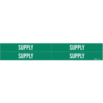BRADY Pipe Marker: Supply, Green, White, Fits 3/4 to 2 3/8 in Pipe O.D., 4 Pipe Markers - Supply Adhesive Pipe Markers