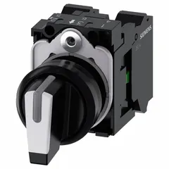 SIEMENS Selector Switch: 22 mm Panel Mounting Size, 3 Positions, Short Lever, 1NO, Non-Metallic (MPN 3SU11002BM603NA0). Key specifications — AC Contact Rating: 10 A @ 500 V; Action: Momentary/Momentary/Momentary; Cam: No Cam Included; DC Contact Rating: 5 A @ 500 V; Hazardous Location Specification: Not Rated; Operator Head Material: Plastic; Operator Head Type: Short-Handled Knob; Operator Illumination: Illuminated.