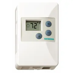 Wall-mount digital sensor with plastic housing and digital display. Measures temperature from 55°F to 95°F (±0.90°F accuracy) and relative humidity from 0 to 100% (±2% of full scale accuracy). Provides a 4 to 20 mA humidity output for building automation systems. Includes anchors for installation; plug-in electrical connection.
