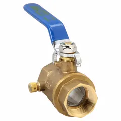This straight brass ball valve features a full port ball port for minimal flow restriction. It has FNPT x FNPT connections and a lever handle for manual operation. The integrated drain allows for system maintenance or winterization. Suitable for on/off or redirecting flow in plumbing and piping systems.