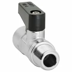 This mini ball valve features a nickel-plated brass body with straight configuration and MNPT x FNPT connections. The lever handle provides manual on/off flow control. Typical applications include air, water, and oil lines in industrial piping systems.