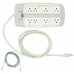 Gray surge protector with 8 outlets, 6 ft cord, 1050 J energy rating, and 15 A current. Keyhole mounting allows secure wall attachment. Suitable for powering multiple devices in workstations, offices, or industrial settings while providing surge protection.