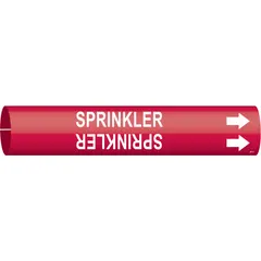 This snap-on pipe marker identifies sprinkler system piping. It features a red background with white legend text reading 'Sprinkler' and includes directional arrows. Designed to fit pipe outer diameters from 2-1/2 to 3-7/8 inches. Suitable for use in industrial facilities for clear pipe identification.