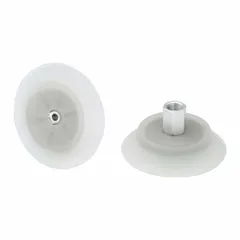 This flat vacuum pad assembly is designed for fast handling in food-safe applications. It features a G1/4 in vacuum port and a 98.1 mm pad diameter. The pad is made of food grade silicone rubber with a Shore hardness of 55 A. Typical uses include lifting and moving items in packaging and food processing environments.