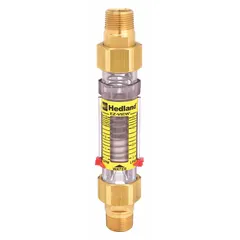 This HEDLAND flowmeter is an inline variable area meter for water, with a scale display reading in gallons. Accuracy is ±5%, and the meter features Buna-N seals and O-rings. Universal mounting orientation allows installation in any position. Suitable for monitoring flow in water lines, cooling circuits, and process systems.