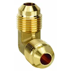 Brass 45-degree flare tube fitting elbow for connecting two 1/2 in OD tubes. Suitable for hydraulic, pneumatic, fuel, and refrigeration systems. Meets SAE J512 standards. Supplied in a 10-pack.