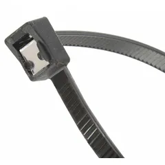 Black cable ties with a built-in tail clipper that trims the excess tail flush during installation. Nominal length 14 in, maximum bundle diameter 4 in. Suitable for outdoor use. Pack of 50.