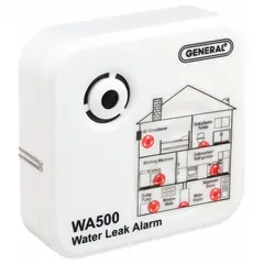 This battery-powered water detector and alarm sounds an 80 dB alert when water is present on the floor. It operates on a 9V DC battery (included) and is rated for a maximum operating temperature of 104°F. The alarm and sensor units each measure 4.3 in W x 1 in D x 4.3 in H. Typical applications include basements, utility rooms, and commercial spaces where early leak detection is needed.