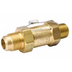 This straight-thru pressure relief valve from MUELLER is designed for refrigeration systems, providing overpressure protection by opening automatically when pressure exceeds its set range. It has a pressure range of 70 psi to 450 psi, with a 1/2 in Male NPT inlet and a 5/8 in Male Flare outlet. The valve is A2L-compatible, suitable for use with mildly flammable refrigerants.
