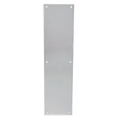Standard push plate for push-operated doors, constructed from copper alloy with a gray finish. Measures 15 inches in height. Used to protect door surfaces from hand contact in commercial or industrial settings.