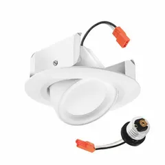 Universal trim module for 4-inch recessed housings. Delivers 620 lumens with selectable color temperatures (2700K/3000K/3500K/4000K/5000K) at 8.6 W, operating on 120V AC. White finish with adjustable baffle for beam control. Suitable for retrofit applications in commercial and industrial settings.