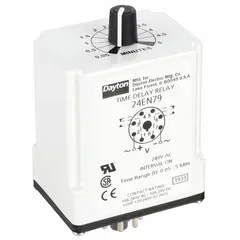 Socket-mounted single-function time delay relay with 8 pins/terminals. Rated 240V AC, 10 A. Operates in interval mode, providing a timed output after a trigger signal. Used for timing control in industrial automation, HVAC, and process control systems.