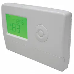 Rectangular digital thermostat for heat and cool systems, operating at 24V AC. Features manual changeover, push-button control, auto fan and system settings, and a temperature control range of 45° to 95°F with a 1.5°F differential. Terminal designations include Y, C, G, R, RC, O, RH, B, and W. Suitable for basic HVAC control in commercial or industrial spaces.