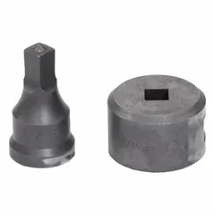 This punching die set produces a 13/32 in square hole and is compatible with Edwards ironworker sizes 55 ton, 65 ton, 100 ton, and 120 ton. Used in metalworking for creating square perforations in structural steel and other materials.