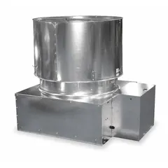 This belt-drive axial upblast roof fan is designed for emergency smoke exhaust and general industrial ventilation. It features a 48-inch blade, delivers 34,761 cfm, and is powered by a 5 hp TEFC motor. The single-speed unit operates on 208-230/460V AC, three-phase power.