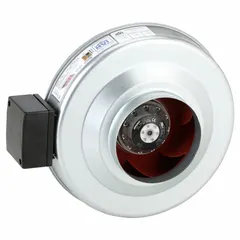 This inline duct fan kit is designed for general ventilation in commercial or industrial spaces, moving up to 418 cfm through 6-inch ductwork. It operates on 120V AC single-phase with a 120 W standard-efficiency motor, is speed controllable, and includes two ceiling grilles. The galvanized steel housing with IP44 rating suits environments with moisture or dust.