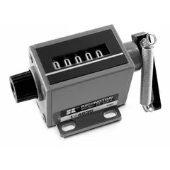 This mounted mechanical counter features a white body with black numerals and is configured for Right Hand Top Coming (TC) operation, also supporting Top Going (TG) use. It is designed for base mounting and is suitable for counting linear strokes or cycles in industrial machinery such as presses, stamping equipment, and packaging lines.