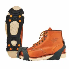 These studded full-sole traction devices are designed for walking on snow. Each shoe features 8 tungsten carbide spikes for grip. The rubber construction with pull-on attachment fits shoe sizes 6 to 8 1/2. Suitable for use on snow-covered surfaces to reduce slip risk.