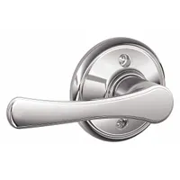 This SCHLAGE privacy lever lockset features an Avila style lever with a bright chromium-plated brass finish. It is ADA compliant and designed for interior doors requiring locking privacy, such as bathrooms or bedrooms. The lockset does not include a visual indicator and is not ligature-resistant