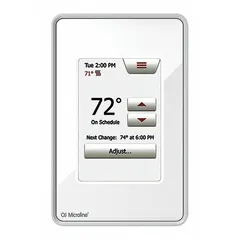 This touch screen thermostat controls electric floor heating systems. It operates at 120/240V AC and includes a floor sensor for accurate temperature regulation. The control range is 41° to 104°F with 7-day programmable scheduling. Suitable for residential or commercial floor heating applications.