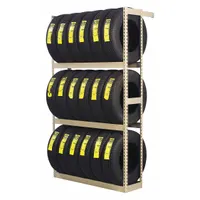 Single-sided boltless tire rack with rivet-connect design for tool-free assembly. Powder-coated finish. Three shelves hold up to 24 tires. Suitable for organized tire storage in automotive service areas, warehouses, and retail facilities
