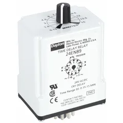 This Dayton socket-mounted time delay relay is rated for 10 A at 24 V AC/DC and features 11 pins/terminals. It is designed for industrial control panels to delay switching of loads in automation, HVAC, and process control applications.