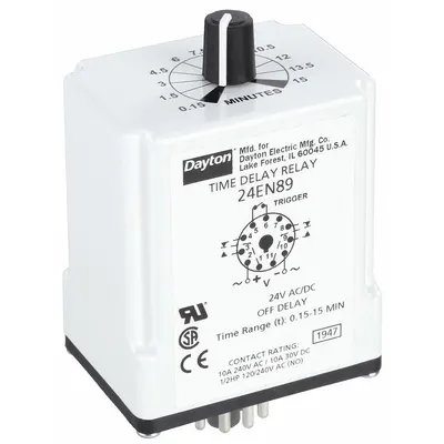 Dayton Single Function Time Delay Relay: Socket Mounted, 24V AC/DC, 10 A - Socket-Mounted Relays