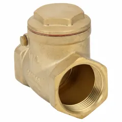 This brass inline swing check valve features a swing disc design that permits flow in one direction and automatically closes upon flow reversal to prevent backflow. It has a 1 1/4 in pipe size with female NPT threads on both ends for inline installation. Commonly used in plumbing, HVAC, and industrial piping systems.