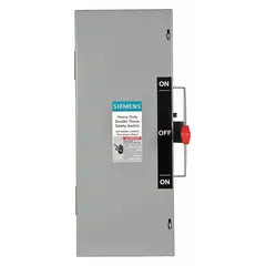 The Siemens DTNF361 is a 30 A, three-phase, non-fusible safety switch rated for 600V AC. Housed in a galvanized steel enclosure for indoor use, it provides a visible disconnect means for safe equipment servicing. Typical applications include industrial electrical systems where load-break disconnection is required for maintenance or emergency shutdown.