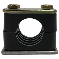 Steel clamp with polypropylene cushion for securing up to 8 lines. Ribbed bore provides grip and dampens vibration. Used in industrial piping systems for tube, pipe, and hose routing.
