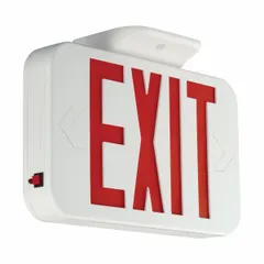 Plastic LED exit sign with universal field-selectable chevrons for directional indication. Housing is black with red/green text. Operates on 120/277 V AC. Not battery-backed, not remote-capable, no self-diagnostics. Suitable for ceiling, end, or wall mounting with one or two faces.