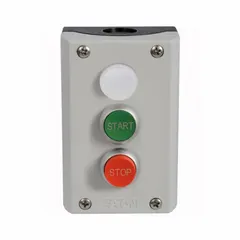Push-button control station with three operators: two flush push buttons and one extended push button, plus one pilot light. Features a Stop actuator and a Green operator, with 1NO/1NC contact configuration. Used for momentary or maintained switching in industrial control circuits.