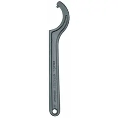 Fixed-pin spanner wrench with a round head designed for tightening or loosening round nuts with drilled holes on their outer diameter. Features a 1/8 in pin diameter and 1/8 in pin length, with an overall length of 4 1/2 in. Suitable for applications where standard jaw wrenches cannot engage the nut profile.