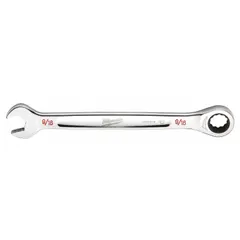 Chrome vanadium steel wrench with chrome finish. 9/16 in head size, 12-point ratcheting box end. Suitable for standard industrial fastening tasks such as assembly, maintenance, and repair.