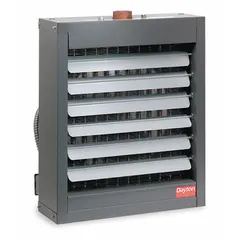 This suspended horizontal unit heater delivers 87,100 BtuH output at 200°F water with 1,900 cfm air flow. It features a 1-1/2 in threaded female NPT connection and an OSHA-compliant fan guard. Overall dimensions are 25-1/4 in x 20-7/8 in x 13 in. Suitable for heating commercial and industrial spaces using hot water.