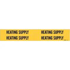 Yellow adhesive pipe marker with black legend text reading 'Heating Supply'. Fits pipe outer diameters from 3/4 to 2-3/8 inches. Pack of 4 markers without arrows. Used for identifying heating supply lines in piping systems.