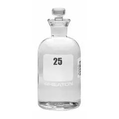This 300 mL colorless glass BOD bottle is designed for biochemical oxygen demand testing in laboratory settings. It features a narrow mouth and includes a robotic stopper closure for airtight sealing during incubation. The bottle measures 165 mm in height and is part of sequence 25-48.