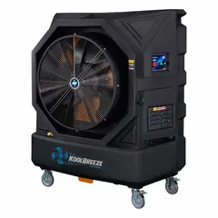 Portable evaporative cooler with variable speed control, operating on 110V AC with a 5-15P plug. Delivers 14,714 cfm of airflow for cooling large spaces such as warehouses, factories, and workshops.