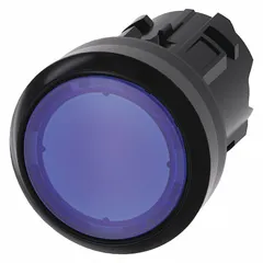 Maintained-action illuminated flush-mount push-button operator from the Siemens 3SU series. Features a non-metallic blue actuator with 22 mm mounting size. Suitable for industrial control panels requiring maintained operator input.