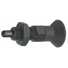 This indexing plunger features an extended-pin pull-knob design with a jam nut for secure mounting. It is made of steel with an M10x1 thread and a nose force range of 5 N to 16 N. Used in industrial machinery for precise positioning and quick-release of moving parts in jigs, fixtures, and automation equipment.