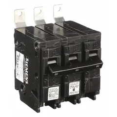 Three-pole miniature circuit breaker rated 80 A at 240V AC with a maximum interrupting rating of 10kA. Bolt-on connection type for use with Siemens P1 panelboards. Provides overcurrent protection in three-phase electrical distribution systems.