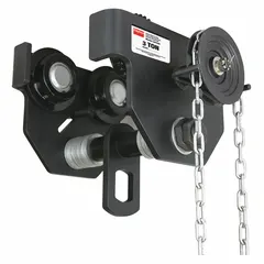 This geared trolley is designed for moving hoists along tapered beams in industrial settings. It features a steel frame and supports a maximum hoist load of 6,000 lb.