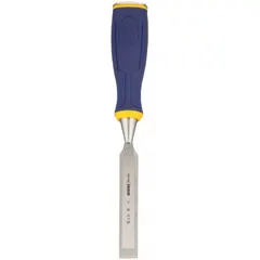This IRWIN construction chisel features a plastic handle and a straight tip shape. With a 1/4 in blade width and 3 3/4 in overall length, it is suited for light-duty trimming and shaping of wood in carpentry and construction tasks.